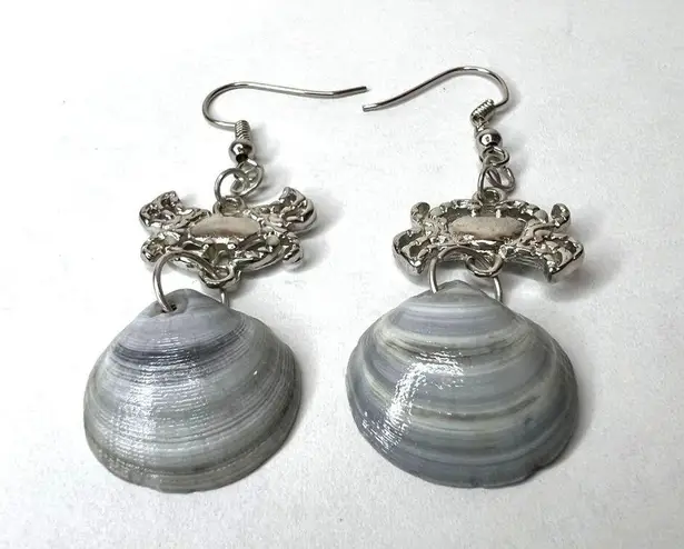 Handmade Dangle Earrings Genuine Handcrafted Seashell Crab Shades of Blue Gray Coastal