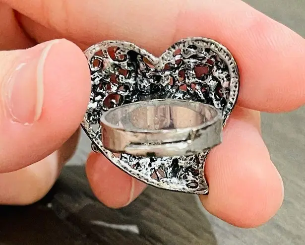 Silver Metal Rhinestone Heart Adjustable Ring