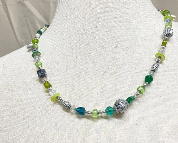 Boho Mixed Bead Necklace Green Blue Silver Handmade Glass & Metal Beads Festival