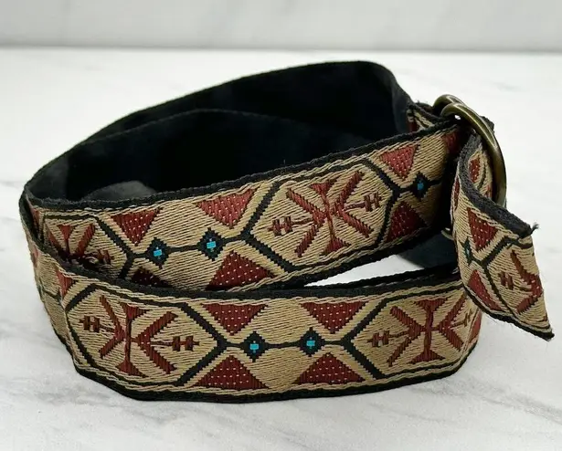 Womens Embroidered Woven Ribbon D Ring Belt Geometric Aztec Large (L) ✨ Brown