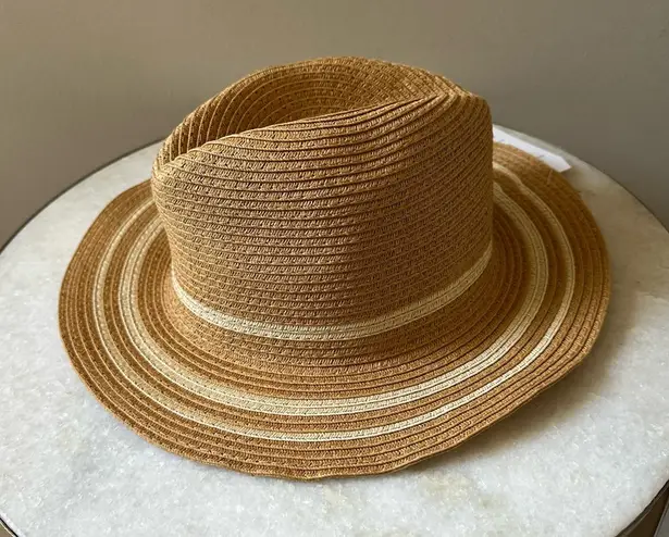 Time and Tru Tan Striped Panama Rattan Raffia Packable Adjustable Beach Boho Hat Brown