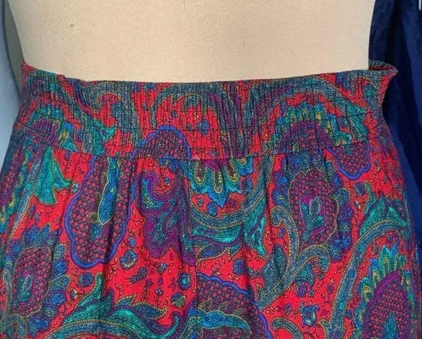 Vintage Shapely Knits Skirt Burgundy Red Blue Purple Paisley Print Pleated Midi Size M