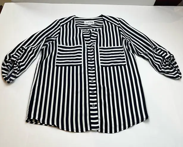 Joseph Ribkoff Womens Size 6 Navy White Silver Stripe Blouse Top *TINY FLAW
