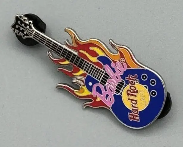 Hard Rock Cafe Vtg Hard Rock Barbie Pin ONLY Blue Guitar Red Flames I Love Rock N Roll Lapel