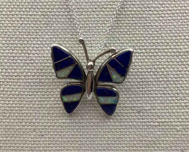 Sterling Silver Vintage Butterfly Navy blue Opal Pendant Matinee New ItalyChain
