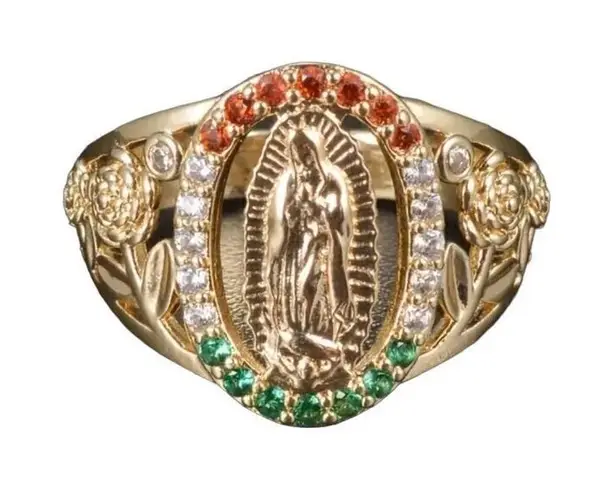 Lady of Guadalupe Virgin Mary With Round Cut Cubic Zirconia Ring size 9 Gold