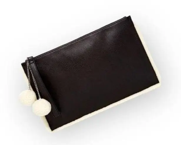 Carlos Santana new ❤︎ Vegan Leather Fur Pom Pom Clutch Handbag Bag ❤︎ Black