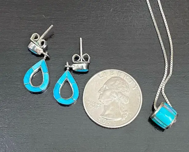 Sterling Silver Turquoise Inlay 16” Necklace and Earrings Set