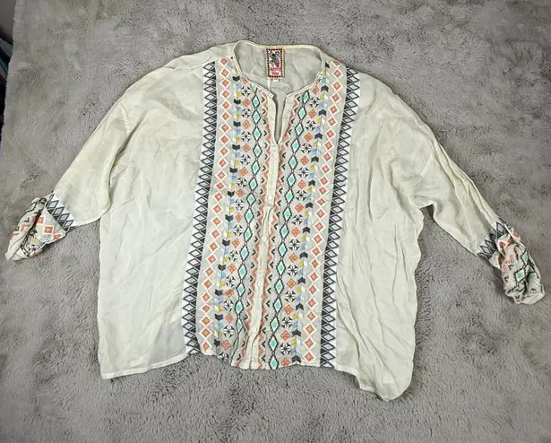 Johnny Was Embroidered Blouse Bohemian Tunic Western Top Cream Sz M Aztec Boxy