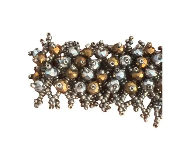 Silver Copper Tone Seed Bead Bracelet Metallic Button Clasp Cuff 6.5" 7.25"