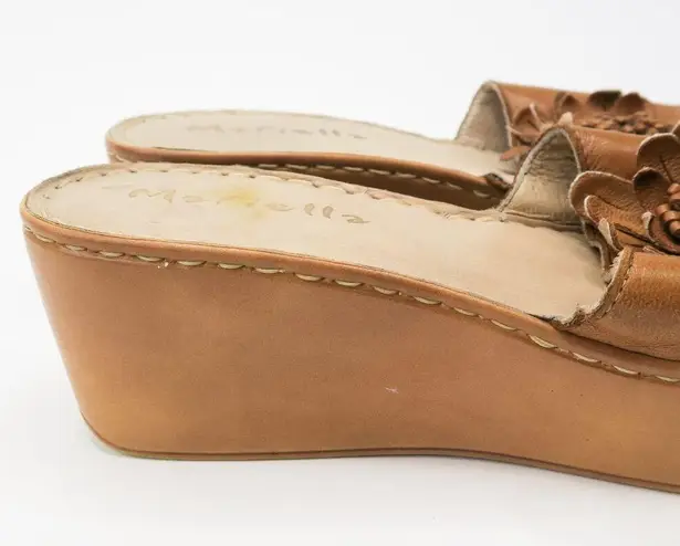 Vintage 90s Mariella Brown Leather Flower Wedge Sandals Size 9