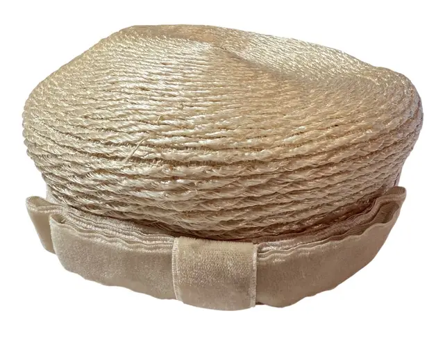 Vintage Union Made Straw Pillbox Hat with Velvet Ribbon Bow Beige Tan