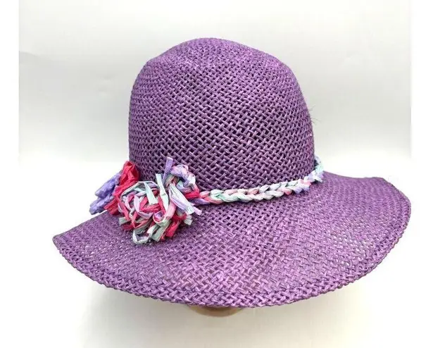 Inverni Hat Purple Raffia Flower Trim Sun Beach Garden Party Floppy Italy