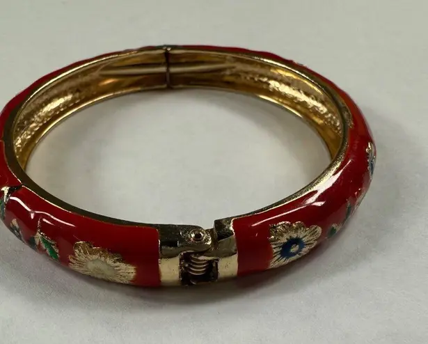 Clamper Style Bracelet Red Color Flower Pattern Accent Multicolor Enamel Painted