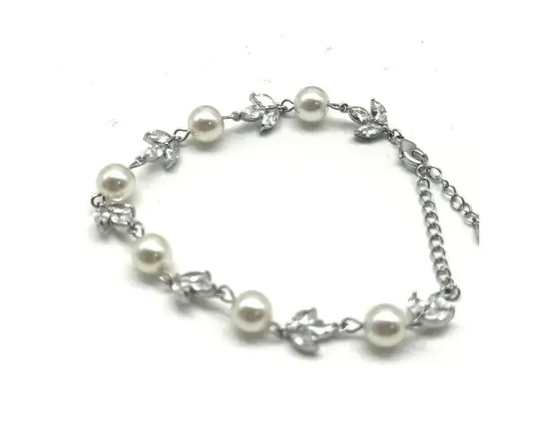 Pearl Bracelet Clear Zirconia Silver Plating Over Alloy Lobster Clasp Adjustable