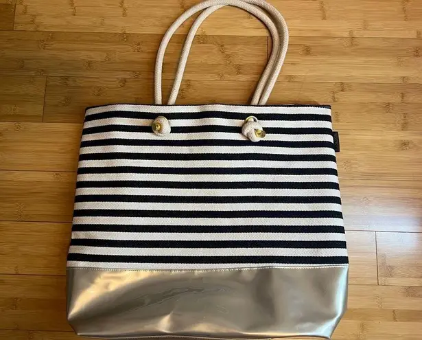 Lancôme Paris Large Tote Shoulder Bag Black, Cream Stripes Metallic Silver, Vaca Black