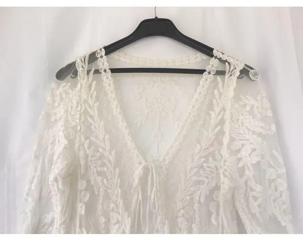 Boho Kimono Cardigan Women’s Size Medium Sheer Cream Long Lace Duster Festival