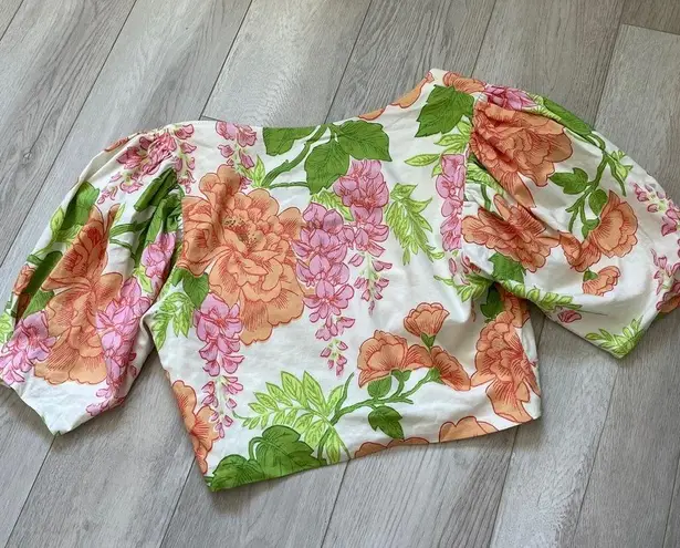 Song of Style Linen Yvette Floral Crop Top Wallpaper Orange Green (Small) preppy