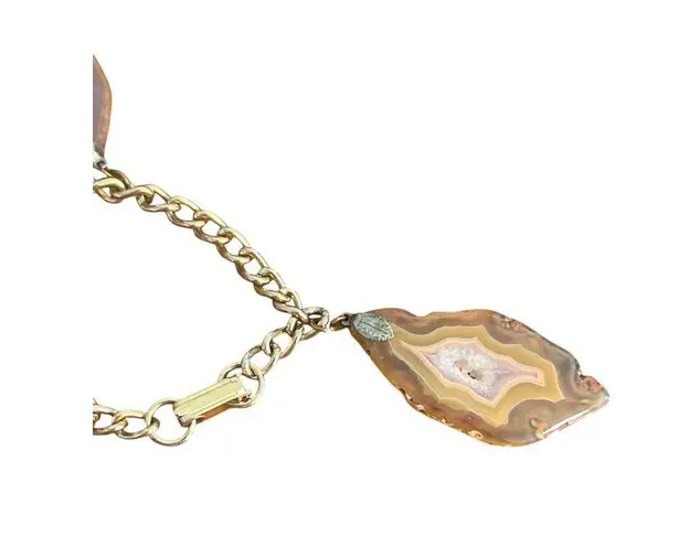 Vintage Agate Stone Slab Charm Bracelet Gold Tone Chain Fold Over Clasp 6.75" Brown