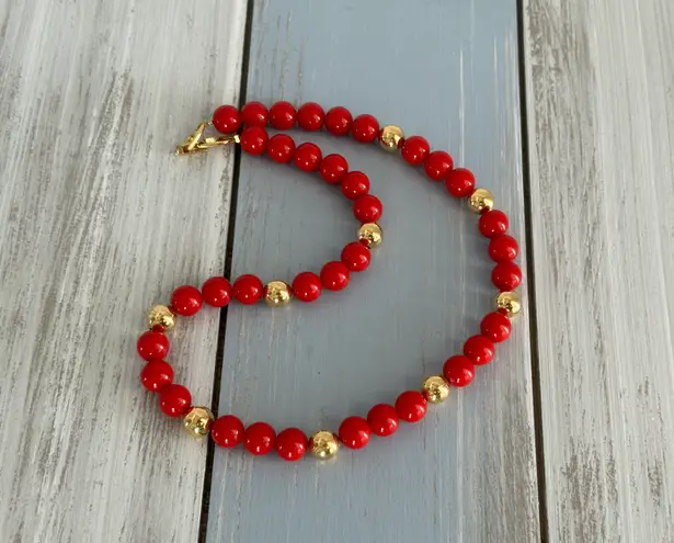 Napier Fabulous Vintage Beaded Necklace Red & Gold Tone Beads Pat#