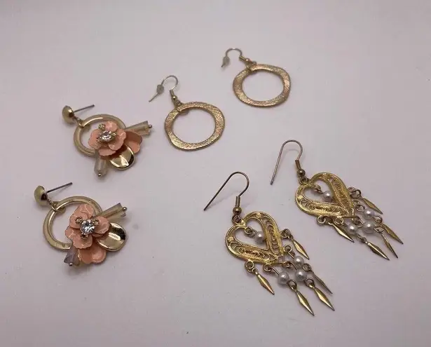 Dress Up Lot Of 3 Costume Earrings Pierced Dangle Drop  Gold Tone