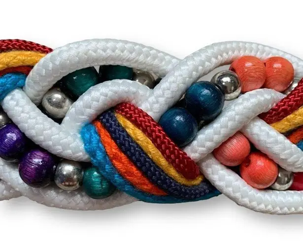 Vintage Bungee Statement Belt White Rainbow Beaded Braided Woven Kidcore