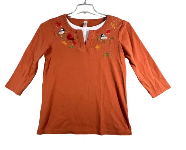 Morning Sun Top Birds Embroidered Fall Layer Tunic Autumn Pullover Orange Small Orange