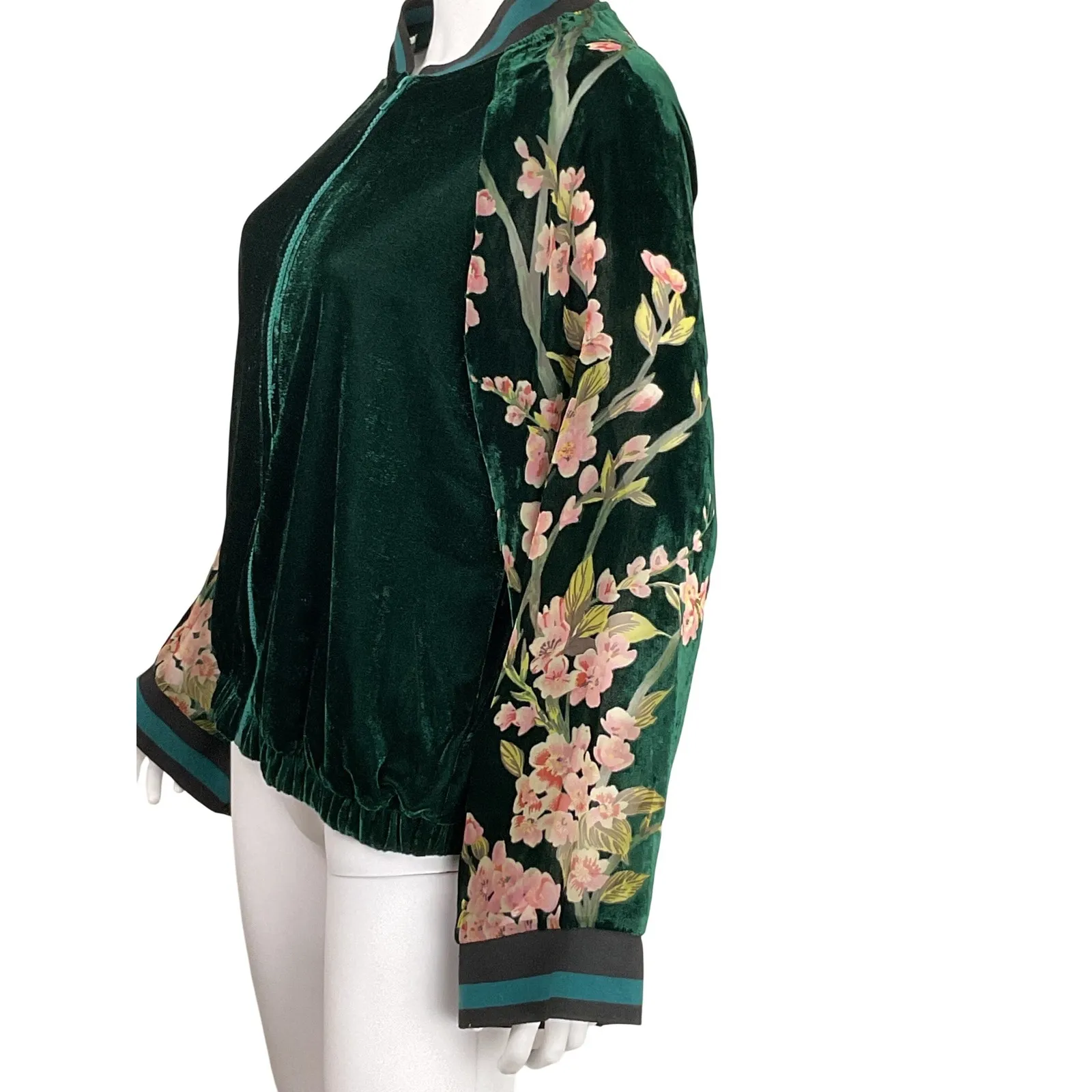 Umgee Green Velvet Bomber Jacket Embroidered Floral Sleeves Size Small - Image 4