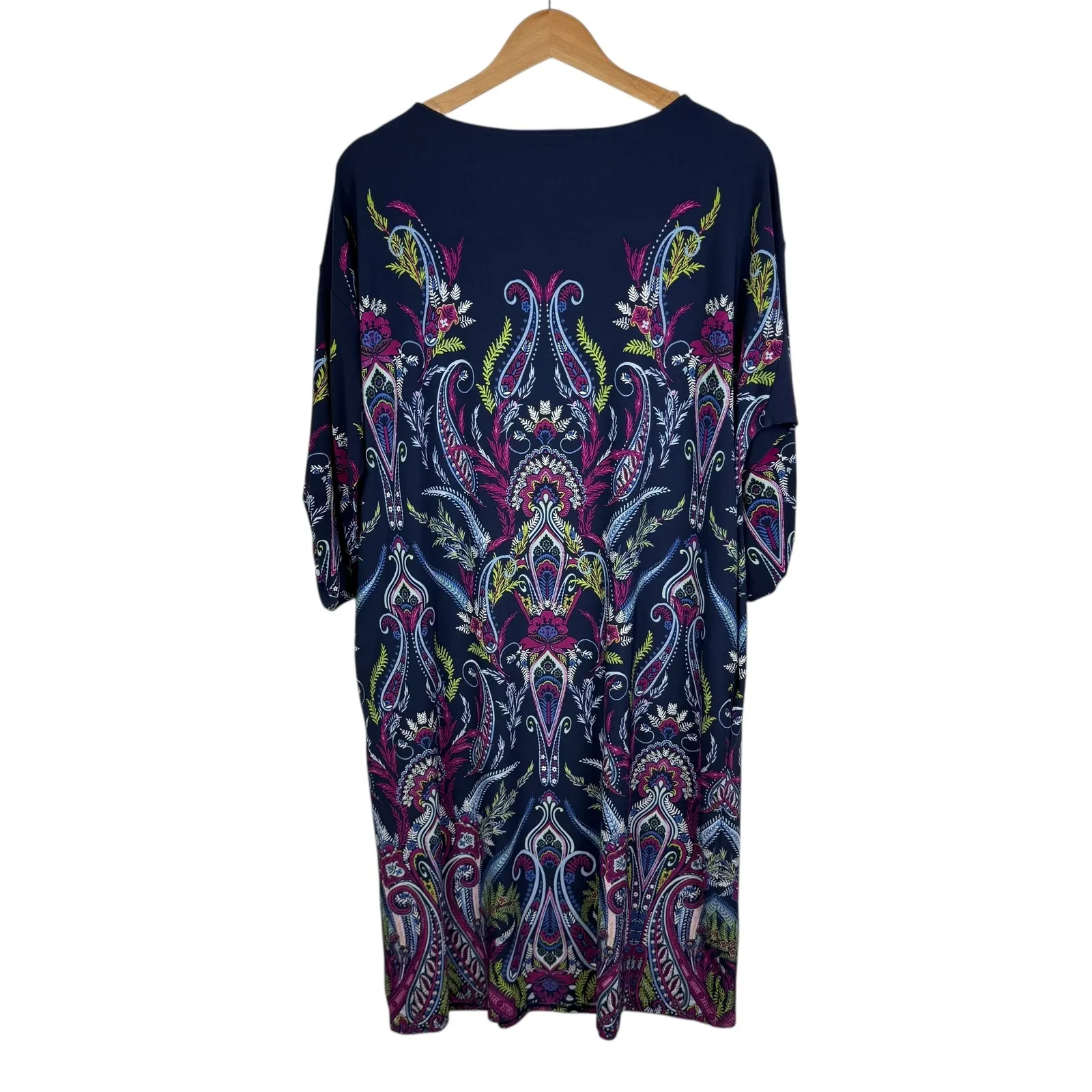 Chicos Ruched Sleeve Midi Dress Size 2 Large Multi Paisley Floral Stretch Office - Image 6