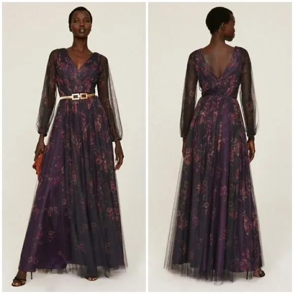đź’•MARCHESA NOTTEđź’• Salerno Printed Floral Tulle Gown ~ Midnight 8 NWOT Purple - Image 2