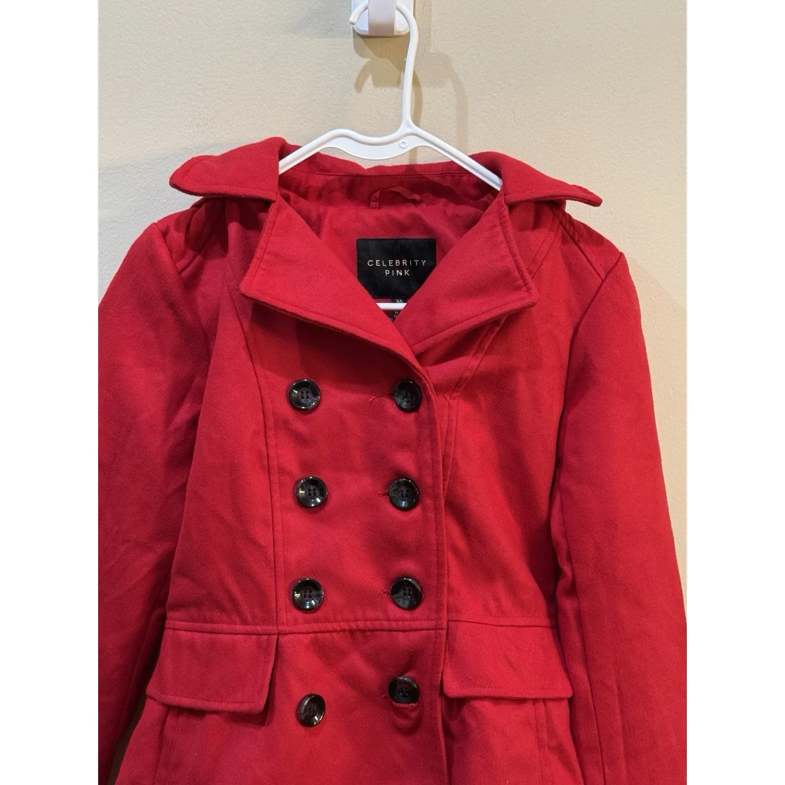 Celebrity Pink Women's‎ Red Double Breasted Hooded Peacoat Jacket Size XL XS - Image 5