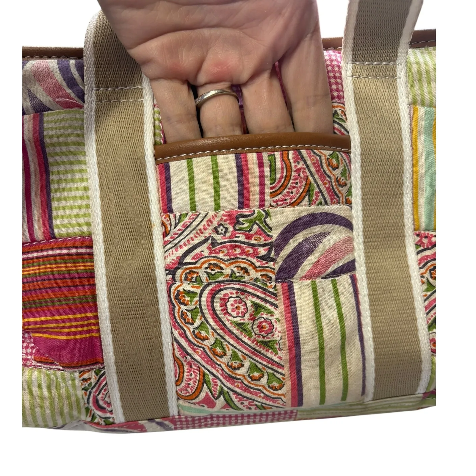 Y2K 90s Braciano Pink Patchwork Tote Bag Multicolor Trim Top Handle Distressed - Image 4