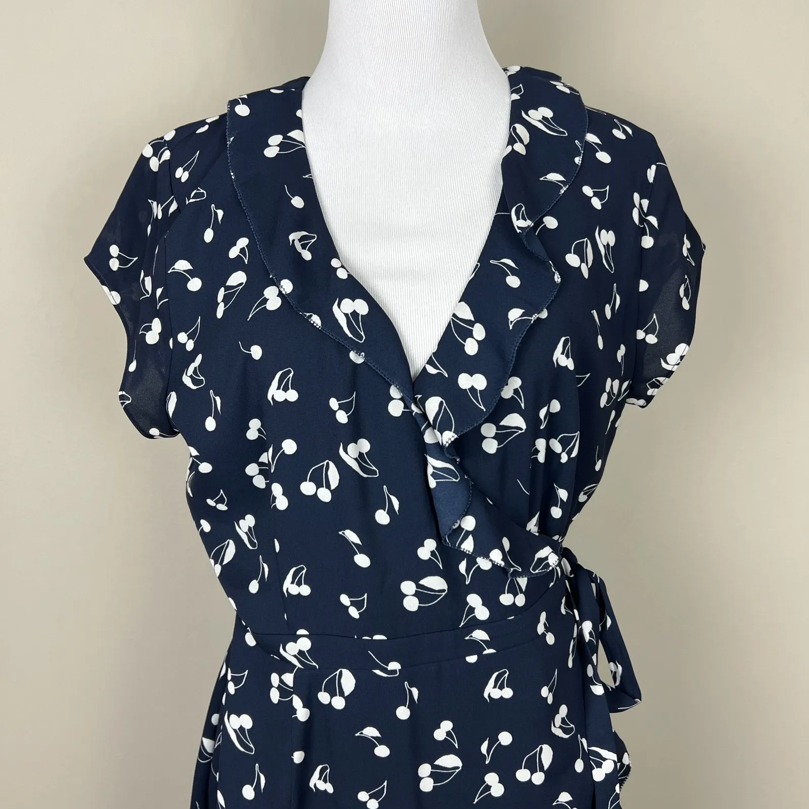 Sunday Best Wrap Dress 6 Aritzia Savoy Cherry Print Navy Blue‎ Ruffle Feminine - Image 3