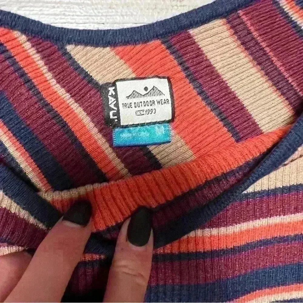 Kavu Multicolored Ribbed Long Sleeve Shirt W/ Crossed Detail In The Back Size M - Image 3