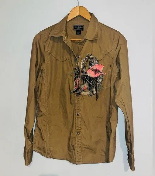 Brit & Bridle Western Button Down Ruffle shirt sz M Brown Size M - Image 1