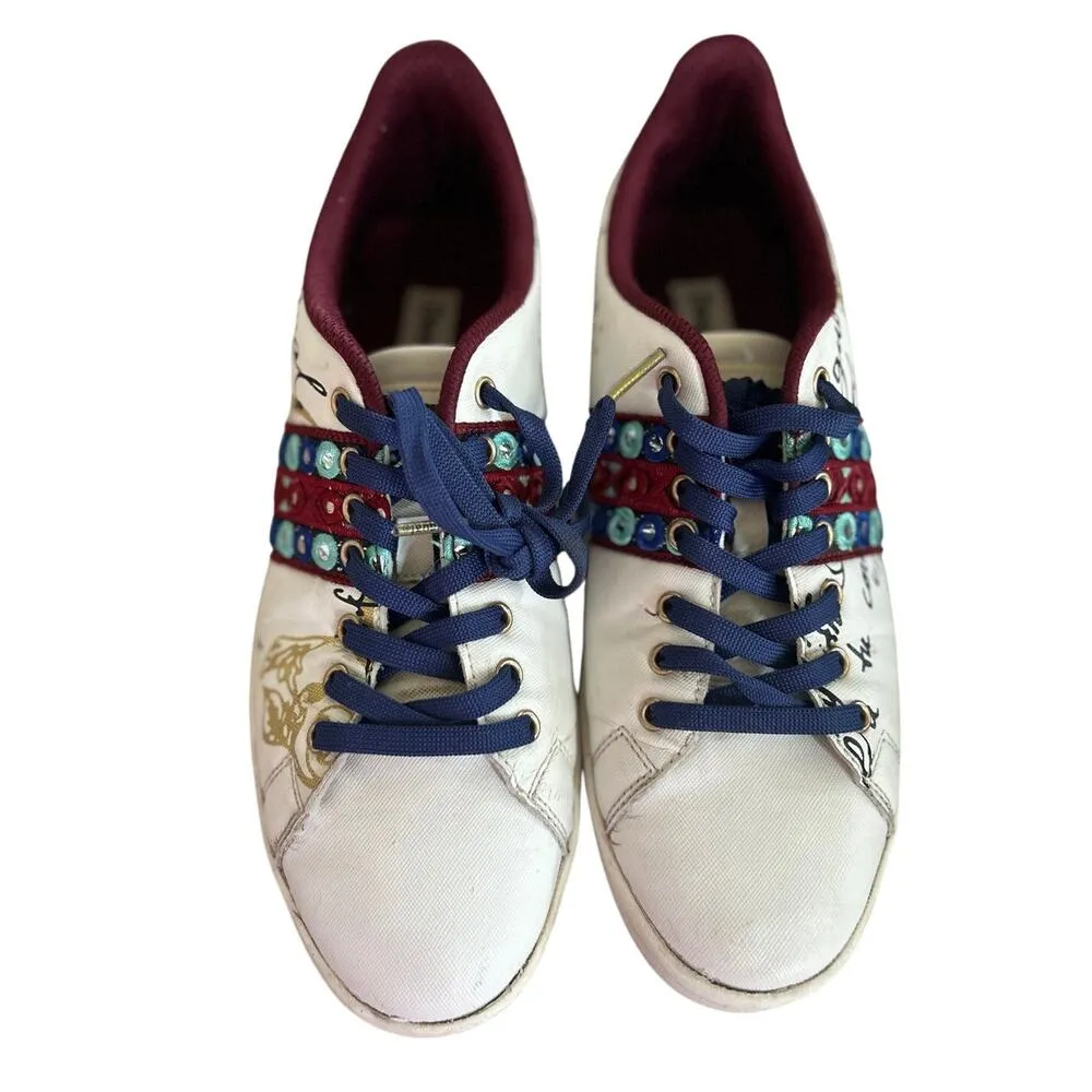 Desigual White Burgundy Aqua Mirror Boho Embellished Leather Sneakers - Image 2