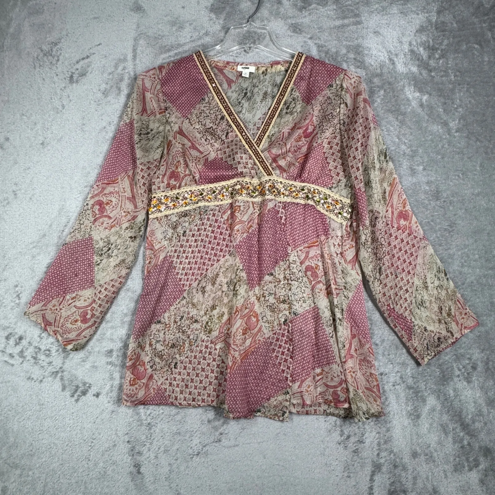 J Jill Patchwork‎ Boho Blouse Womens M Pink Multicolor Beaded Boho Peasant Top Size M - Image 2