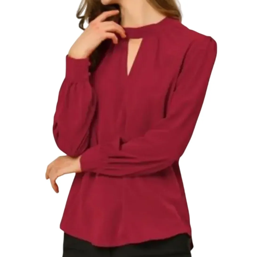 ALLEGRA K Stand Collar Long Sleeve Chiffon Burgundy Blouse, Size L, New with Tag - Image 3