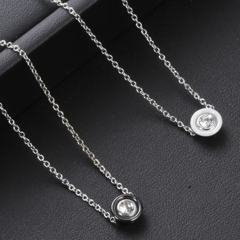 NEW 18k Gold Plated White Ceramic Bezel Set Diamond Pendant‎ Necklace, 18-20” - Image 3