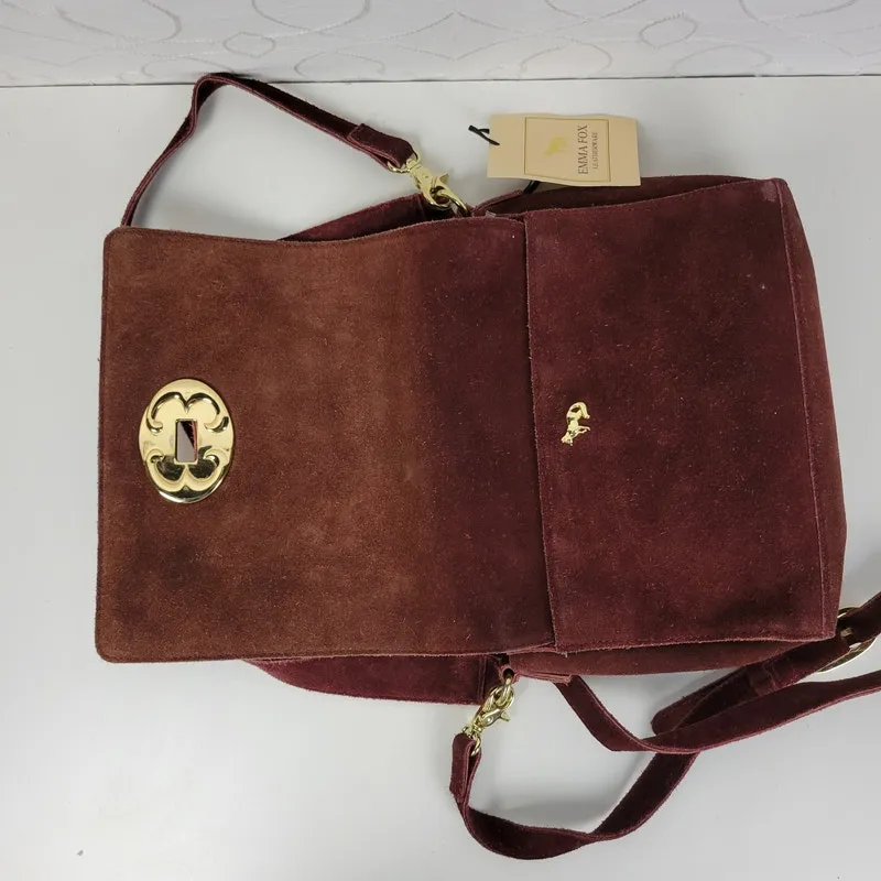 Emma Fox Womens Crossbody Shoulder Bag Burgundy‎ Suede Leather Boxy Flap NEW - Image 12