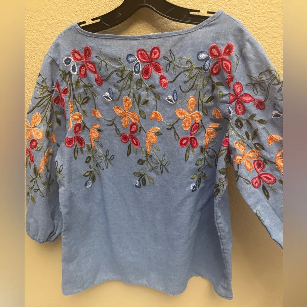 Women's Kindred Anthropology Embroidered Blue Blouse 3/4 Sleeves Size XL - Image 7