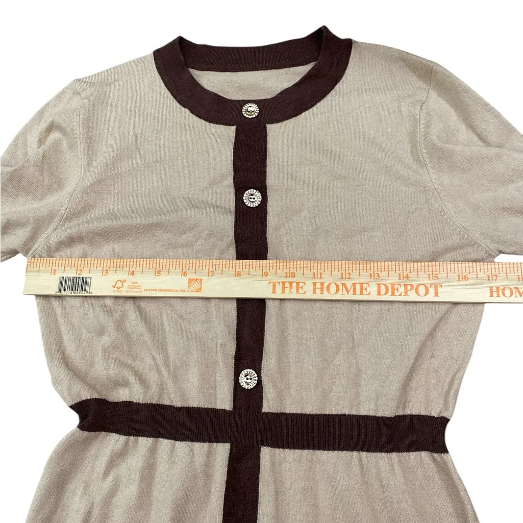 Old money beige w/ brown trim stretch knit long sleeve sweater midi dress - Image 4