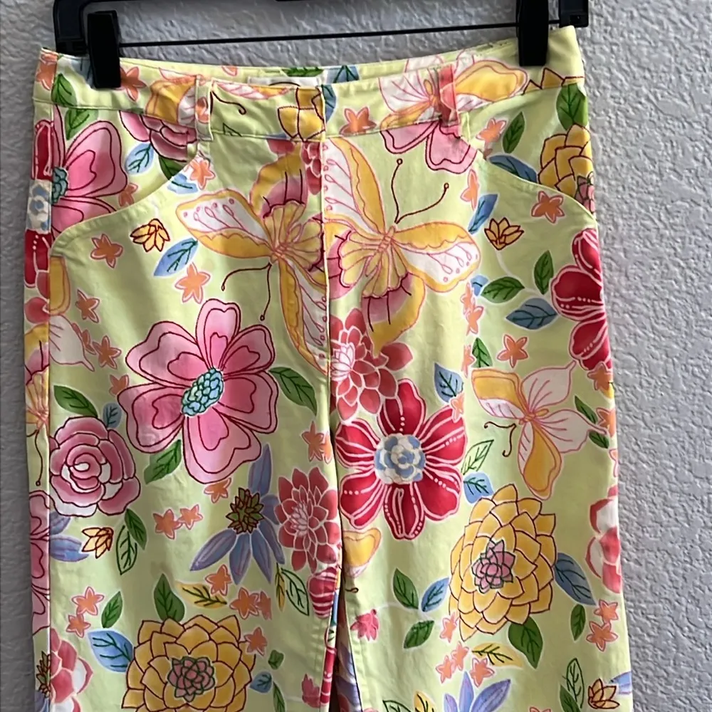 TALBOT'S Pants Lime Back FLORAL DAISY & BUTTERFLY Festive Pants Size 4 - Image 5