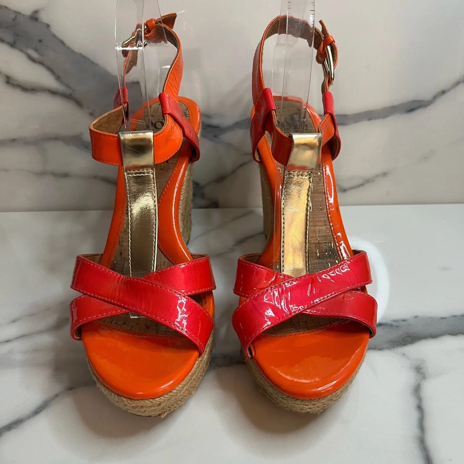 Sofft Wmns Orange Patent Leather Open Toe Strappy Jute Wedge Pedra Sandal Sz 10 Pink - Image 2
