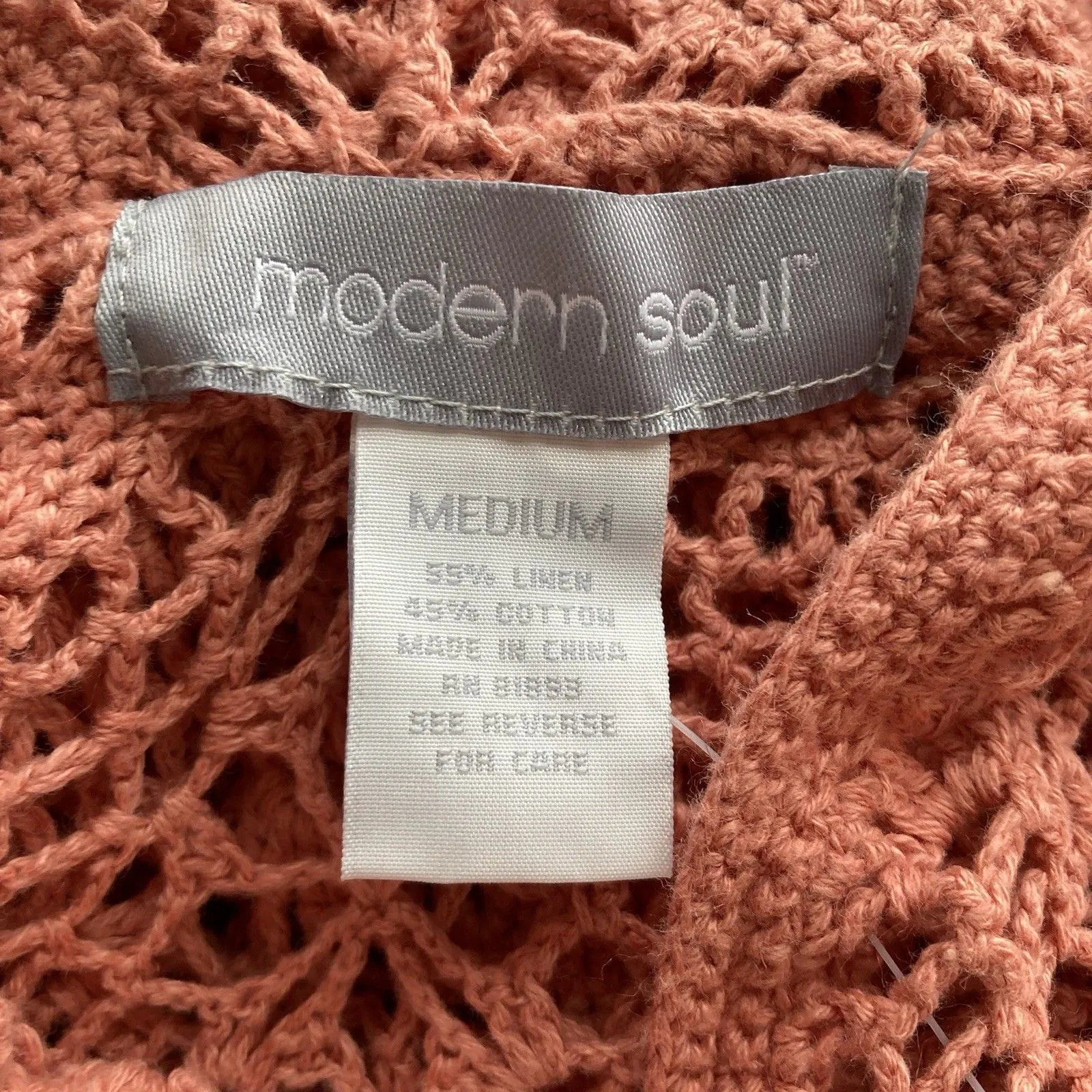 Crochet Open Knit Cardigan M Linen Hooded Zip Front Rose Pink Cottagecore Boho Size M - Image 7