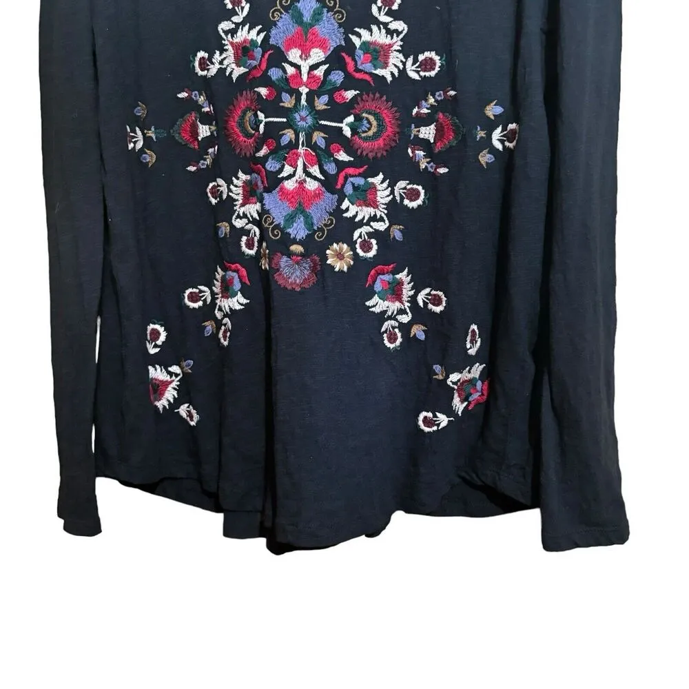 Lucky Brand Top Women Large Black Boho Embroidered Long Sleeve Pleat Back Blouse - Image 4