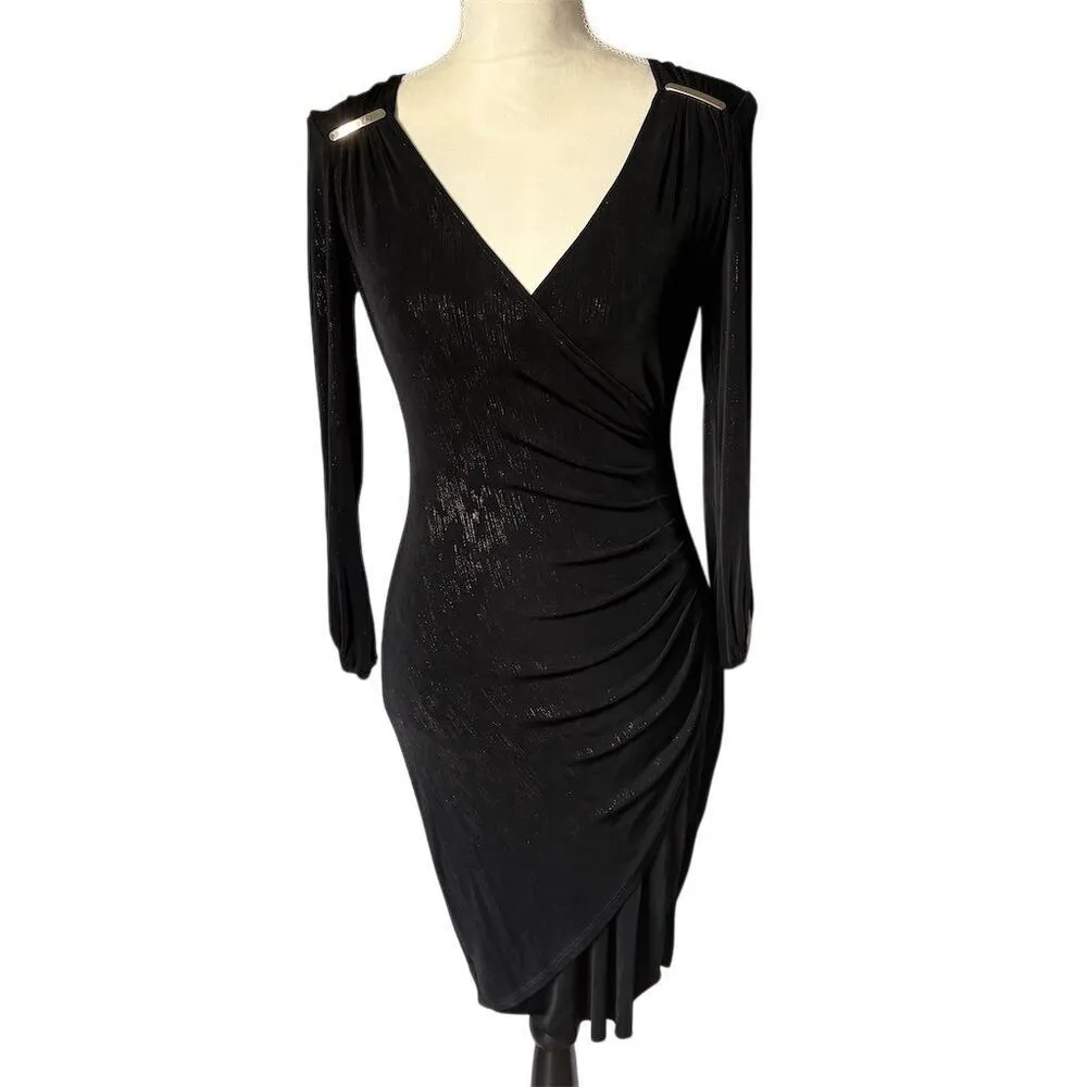 CACHÉ Women's XS Black and gold V-Neck Long-Sleeve Midi Dress Party - Image 2