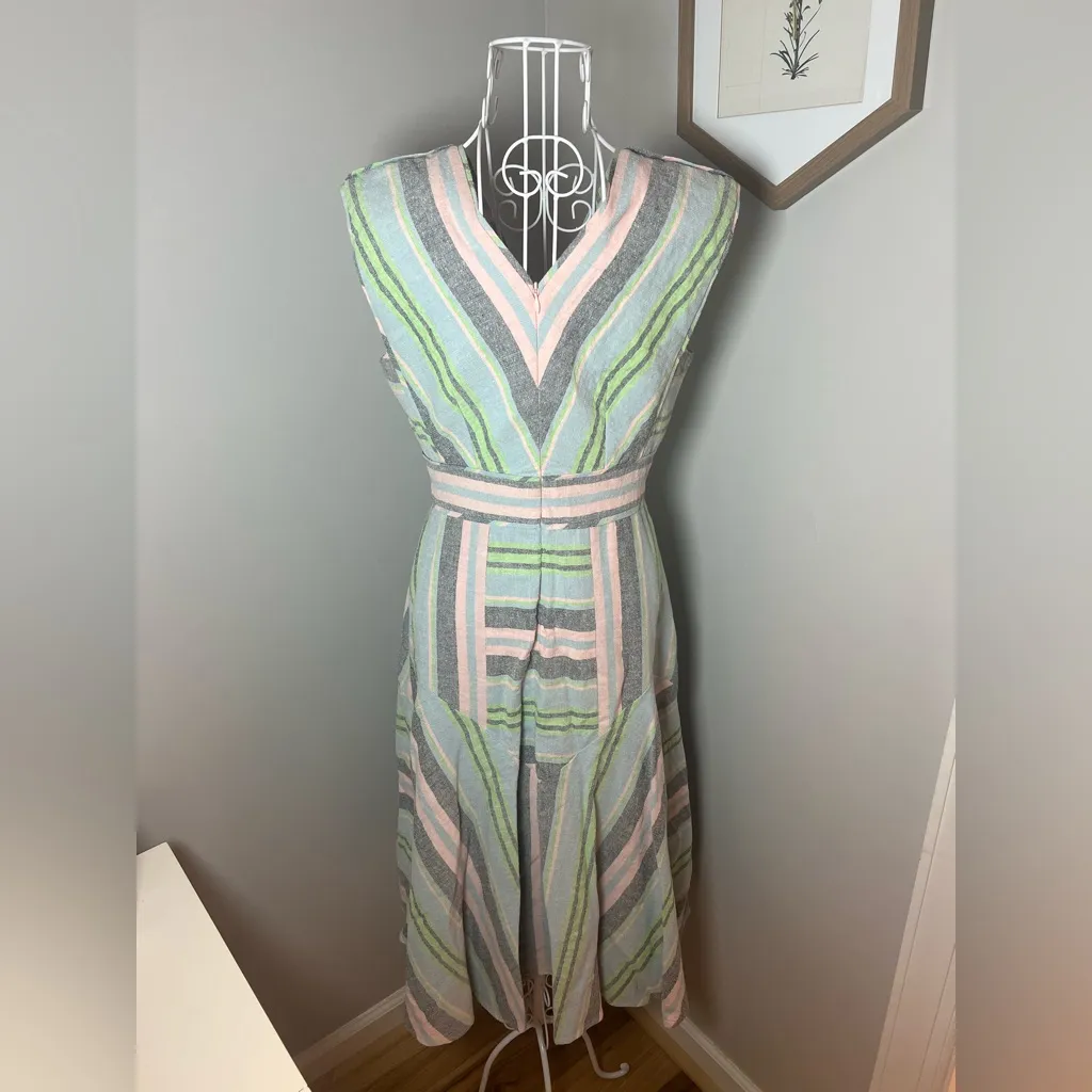Hunter Bell Jordan Dress Pastel Stripe Linen Cotton Size 2 Fit And Flare Midi - Image 6