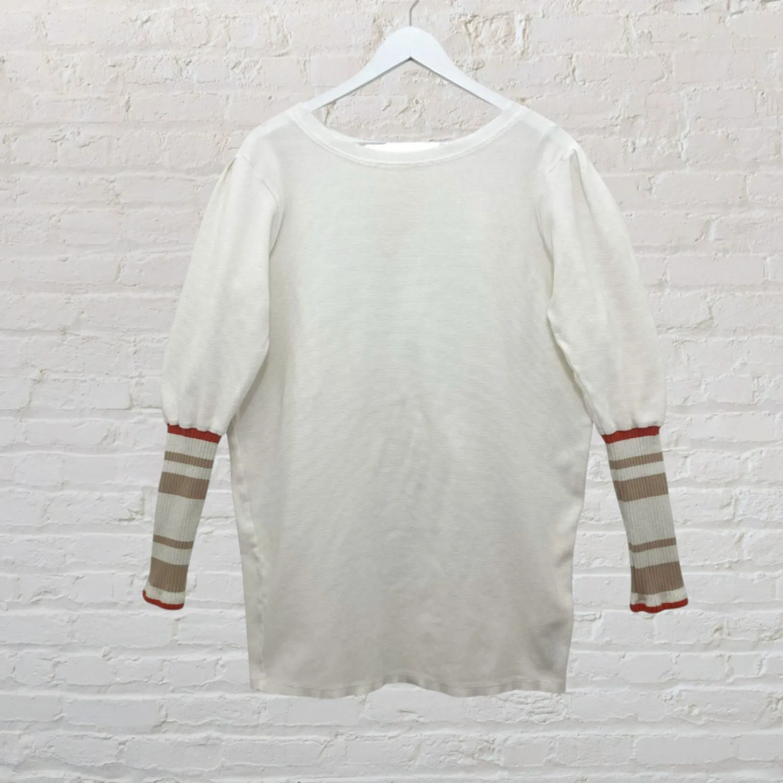 Free People Ribbed Cuff Long Sleeve Top M Cream Striped Knit Cotton - Image 3