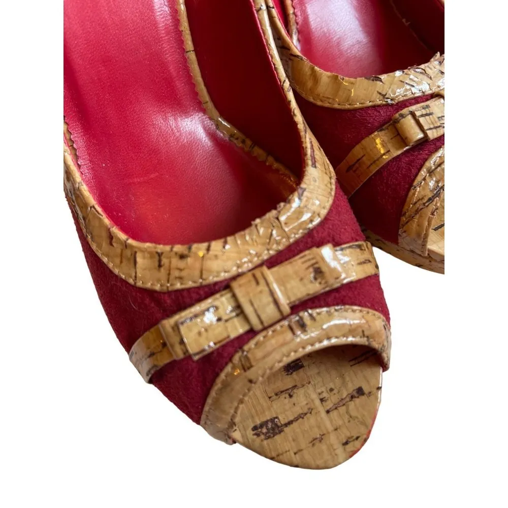 031 Charlotte Russo heels red suede cork bow peep toe 8 SB10 - Image 2